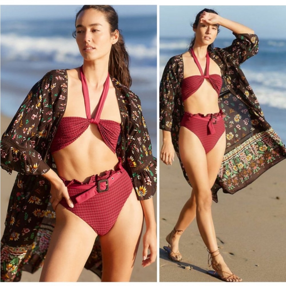 Anthropologie Pintucked Floral Robe kimono sleeves belted swim cover lightweight